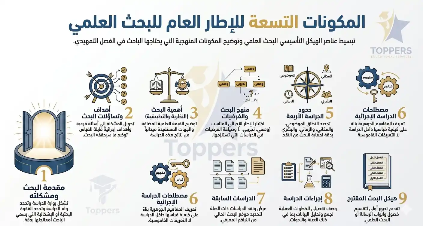 مكونات الإطار العام للبحث العلمي التسعة بأمثلة تطبيقية مكونات الإطار العام للبحث العلمي التسعة بأمثلة تطبيقية