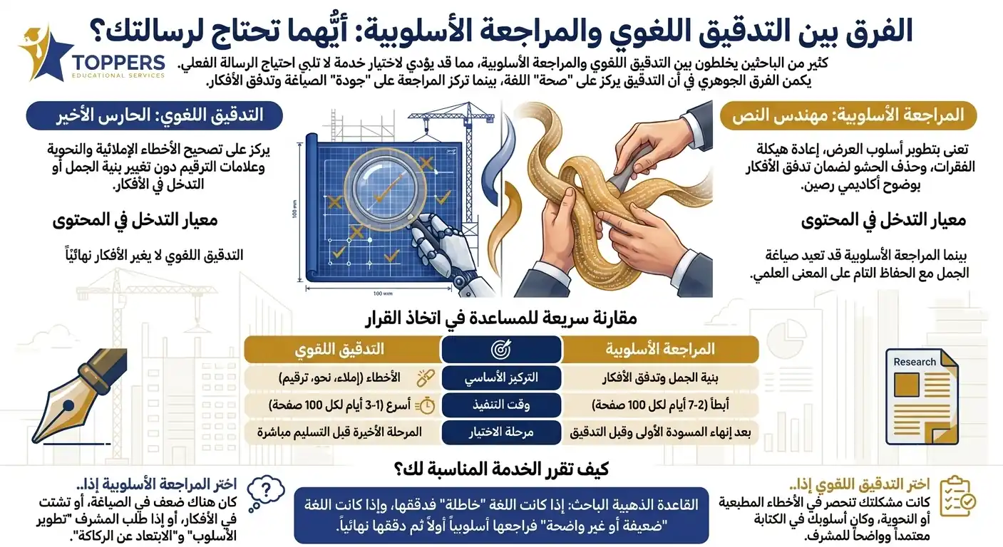 الفرق بين التدقيق اللغوي والمراجعة الأسلوبية — متى تحتاج كلاً منهما؟ الفرق بين التدقيق اللغوي والمراجعة الأسلوبية — متى تحتاج كلاً منهما؟