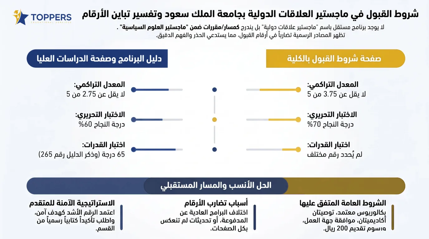 ماجستير علاقات دولية جامعة الملك سعود: هل يوجد البرنامج وما أقرب بديل له؟ 2 شروط القبول في ماجستير علاقات دولية جامعة الملك سعود
