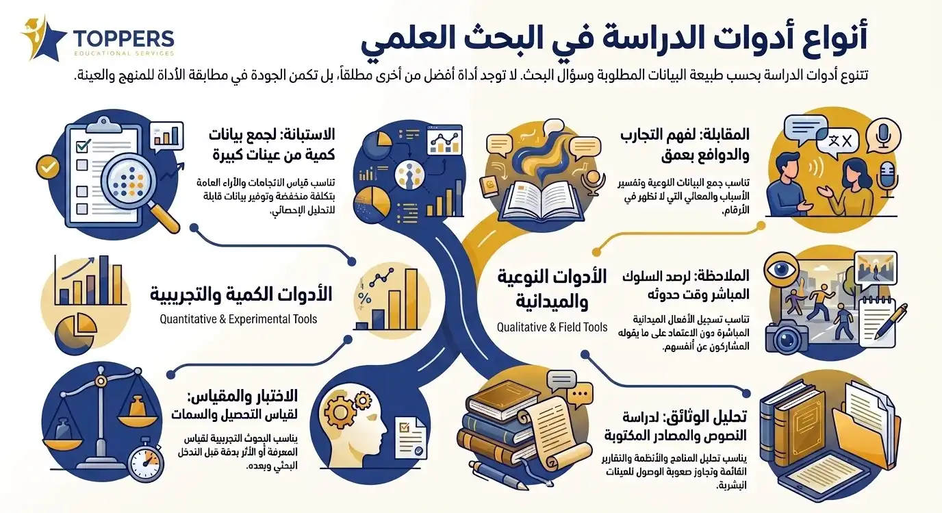 ما أنواع ادوات الدراسة في البحث العلمي ومتى يناسب كل نوع؟ ما أنواع ادوات الدراسة في البحث العلمي ومتى يناسب كل نوع؟